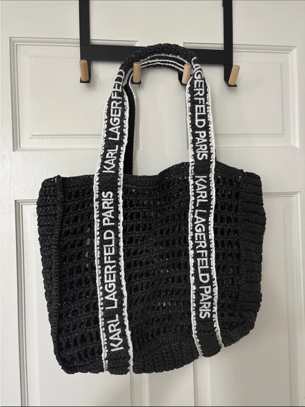 Karl Lagerfeld Black Crochet Tote with Logo Strap Detail